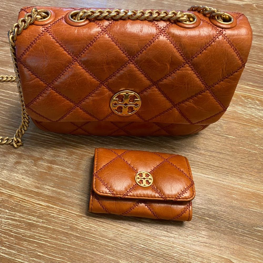 Tory Burch Willa Glazed Small Shoulder Bag & Card Case Set - Dark Whiskey